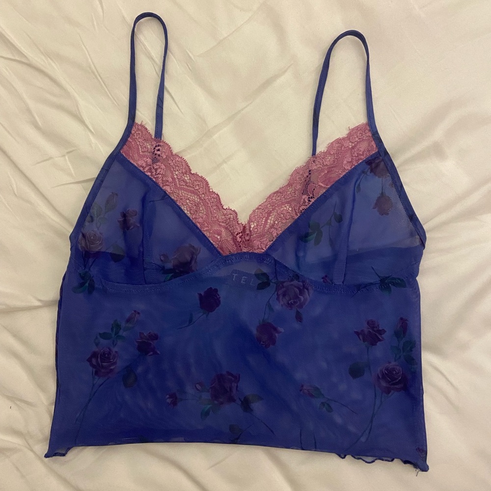 Classic blue, purple, pink motel rocks sheer crop tank